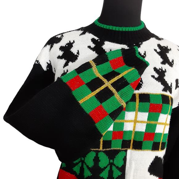 Vintage 80s Scottie Dog Christmas Sweater Tartan Plaid Black Retro Grandmacore - Picture 4 of 10